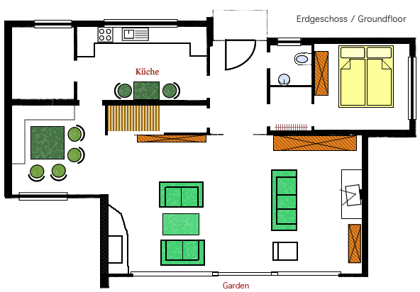 Grundriss Erdgeschoss mit Küche, Stube, Wohnzimmer, Schlafzimmer und WC